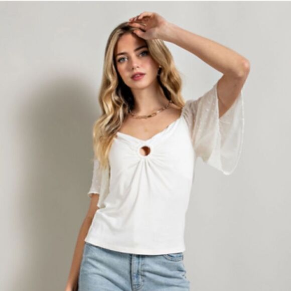 White Butterfly Sleeve Swiss Dot O Ring Keyhole Front Short Sleeve Shirt Boho - Picture 1 of 7